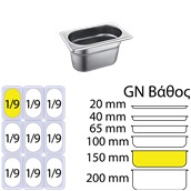1/9x150 Δοχείο γαστρονομίας ανοξείδωτο SS201, 0.7mm, GN1/9 (17.6x10.8cm)-15cm