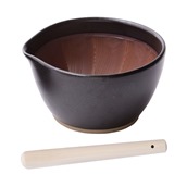 NISMJ018B-MJ029 Γουδί SURIBACHI MOTOSHIGE, 15.5x14.5xΥ8.5cm, με γουδοχέρι SURIKOGI 24cm, μαύρο, made in Japan
