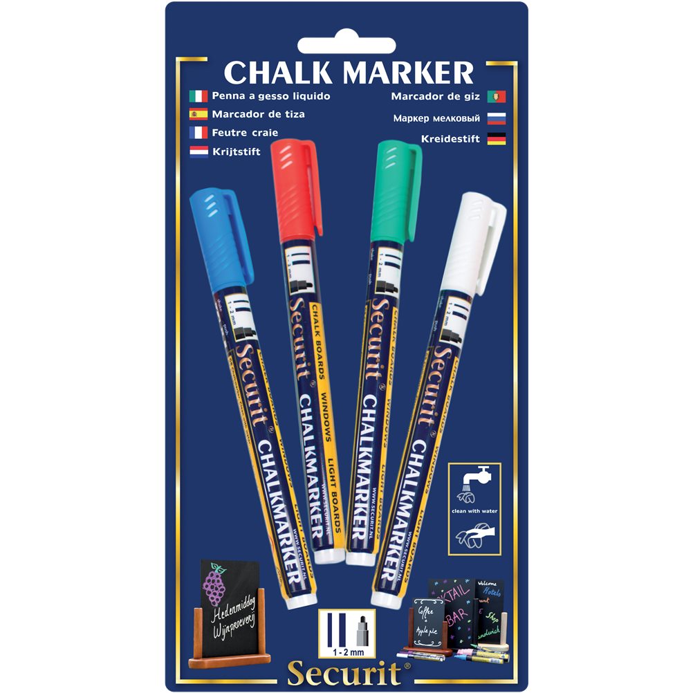 BL-SMA100-V4-COL ΣΕΤ 4 Μαρκαδόροι υγρής κιμωλίας με λεπτή μύτη, 4 χρώματα, SECURIT