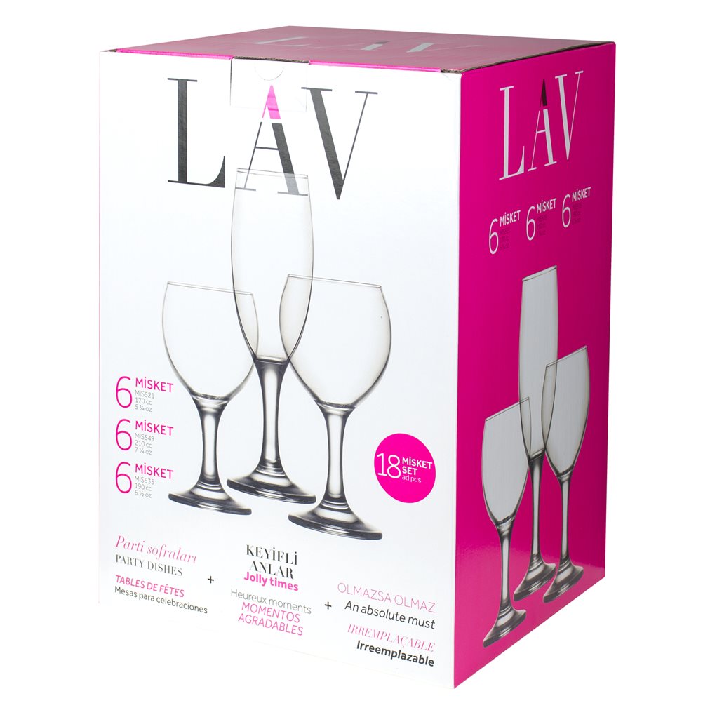 LV-MISS3X Σετ 18 Γυάλινα Ποτήρια, Κολωνάτα, σε όμορφη συσκευασία, LAV
