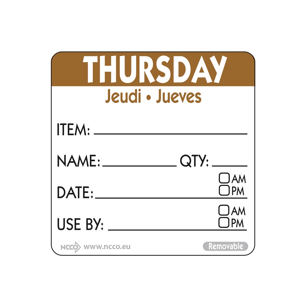 NCCO.RIDU2204 Ρολό 500 ετικέτες HACCP, Thursday, 5x5cm, καφέ, NCCO