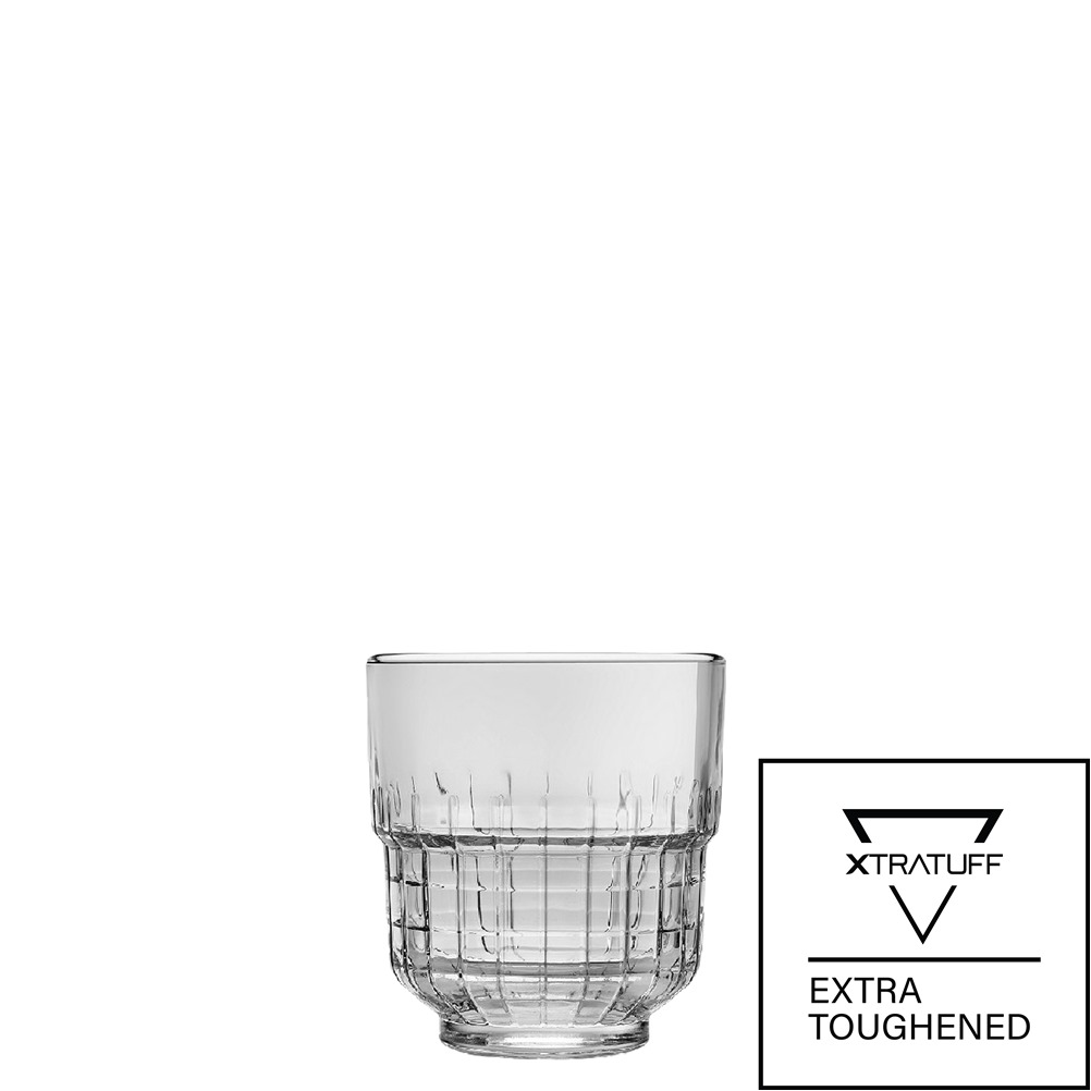TARQ/ROCKS-26CL Ποτήρι Γυάλινο, Χαμηλό, Σκαλιστό, Στοιβαζόμενο, XTRATUFF, 26cl, φ8.2x8.7cm, σειρά Tarq, ONIS